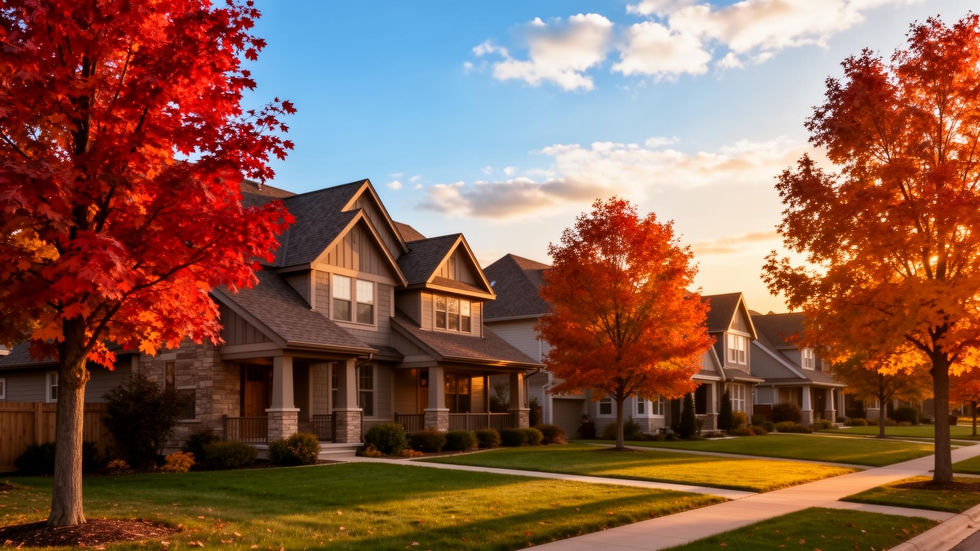 A Minnesota suburban neighborhood with craftsman homes lined with maples in autumn