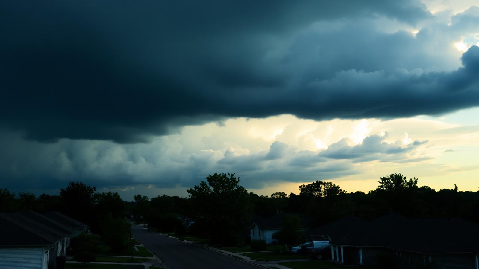 A summer thunderstorm rolling over a Minnesota suburban neighborhood